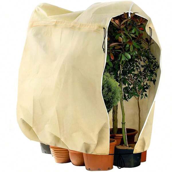 1 Peça Capa de Proteção Vegetal de Tecido Não Tecido Bege com Zíper e Cordão, 240*200cm, Capa para Árvores de Frutas do Pátio ou Jardim Contra o Frio e Congelamento