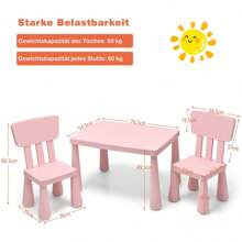 Children's Seating Group Made Of Plastic, Children's Table With 2 Chairs, Chair With Backrest, With Round Edges, Single-Colored Design, For Boys And Girls, For Children's Room