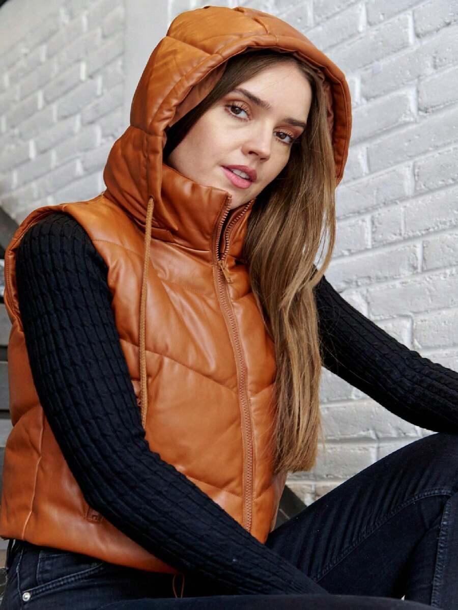 CHALECO TACTO PIEL VINIPIEL GORRO - Camel - Ver 1