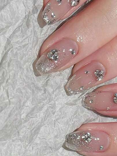 Upgrade Your Elegant - 24pcs/Set Medium-Long Coffin Shape Nails In Light Pink Color, Fashionable Glittering Gradient & Shining Rhinestone Decor, Sweet & Elegant Style. Detachable False Nail Sticker Set For Festivals, Parties, Dates, And Everyday Use. Press On Nails Nail Supplies