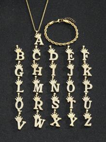 1 Set Stainless Steel Crown & Letter Decor Necklace, Twist Chain Bracelet, Suitable For Children's Birthday Gift And Party Accessories - Yellow Gold - View 3