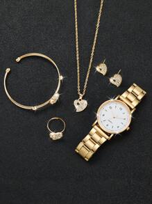 女士石英表，配有简约数字表盘、钢表带和 6 件心形首饰套装（不含表盒） - 玫瑰金 - 查看 4