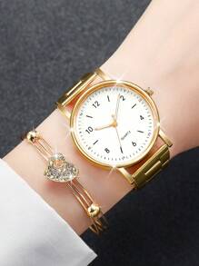 女士石英表，配有简约数字表盘、钢表带和 6 件心形首饰套装（不含表盒） - 玫瑰金 - 查看 3