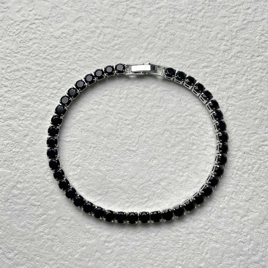1pc Simple And Fashionable Black Copper & Cubic Zirconia Round Tennis Bracelet Suitable For Both Men And Women For Daily Wear - Black - View 1