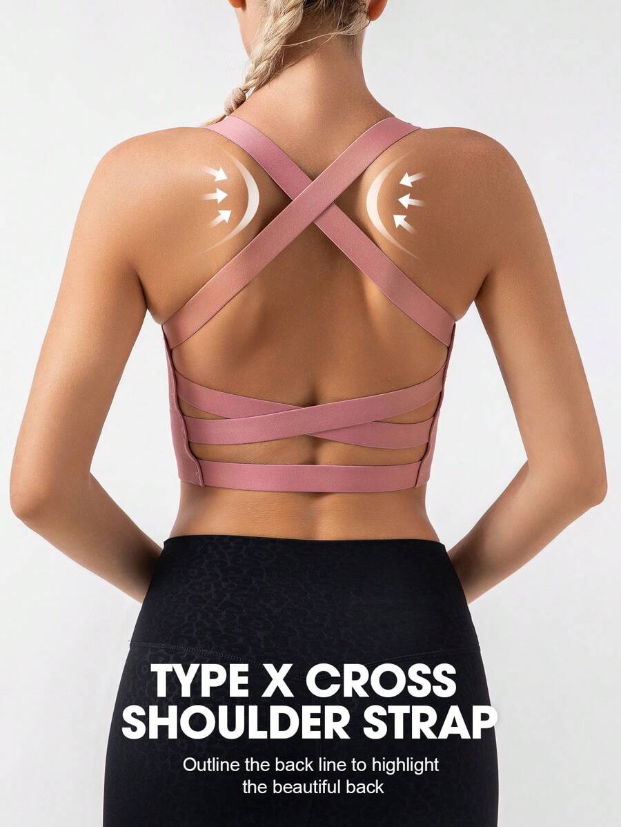 Cross Back Sports Bra - Pink - View 1