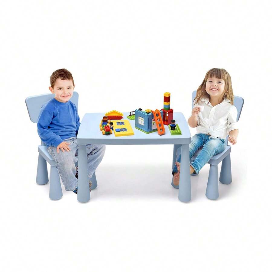 Children's Seating Group Made Of Plastic, Children's Table With 2 Chairs, Chair With Backrest, With Round Edges, Single-Colored Design, For Boys And Girls, For Children's Room - Baby Blue - View 1
