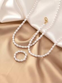 1 Pieza Conjunto De Joyas De Perlas Blancas De Arroz De Moda Que Incluye Collar, Pulsera Y Anillo - Blanco - Ver 2