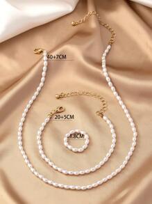 1 Pieza Conjunto De Joyas De Perlas Blancas De Arroz De Moda Que Incluye Collar, Pulsera Y Anillo - Blanco - Ver 3