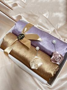 1 Box Set Satin Muslim Hijab (2pcs Hijab + 2pcs Flower Brooch), Random Box Color - Camel - View 3