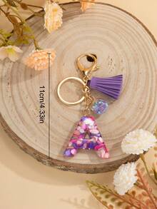 字母 A 流苏钥匙扣首字母树脂时尚手提包吊坠钥匙扣可爱汽车钥匙圈包包配件礼品（在夹层中添加一根细金属棒（如图所示）是为了确保夹层的内表面也能顺利电镀出漂亮的颜色。金属棒可能包含在内，也可能被移除。）礼品、礼品、配饰、装饰汽车配件女士钥匙扣饰物 - 紫色 - 查看 2