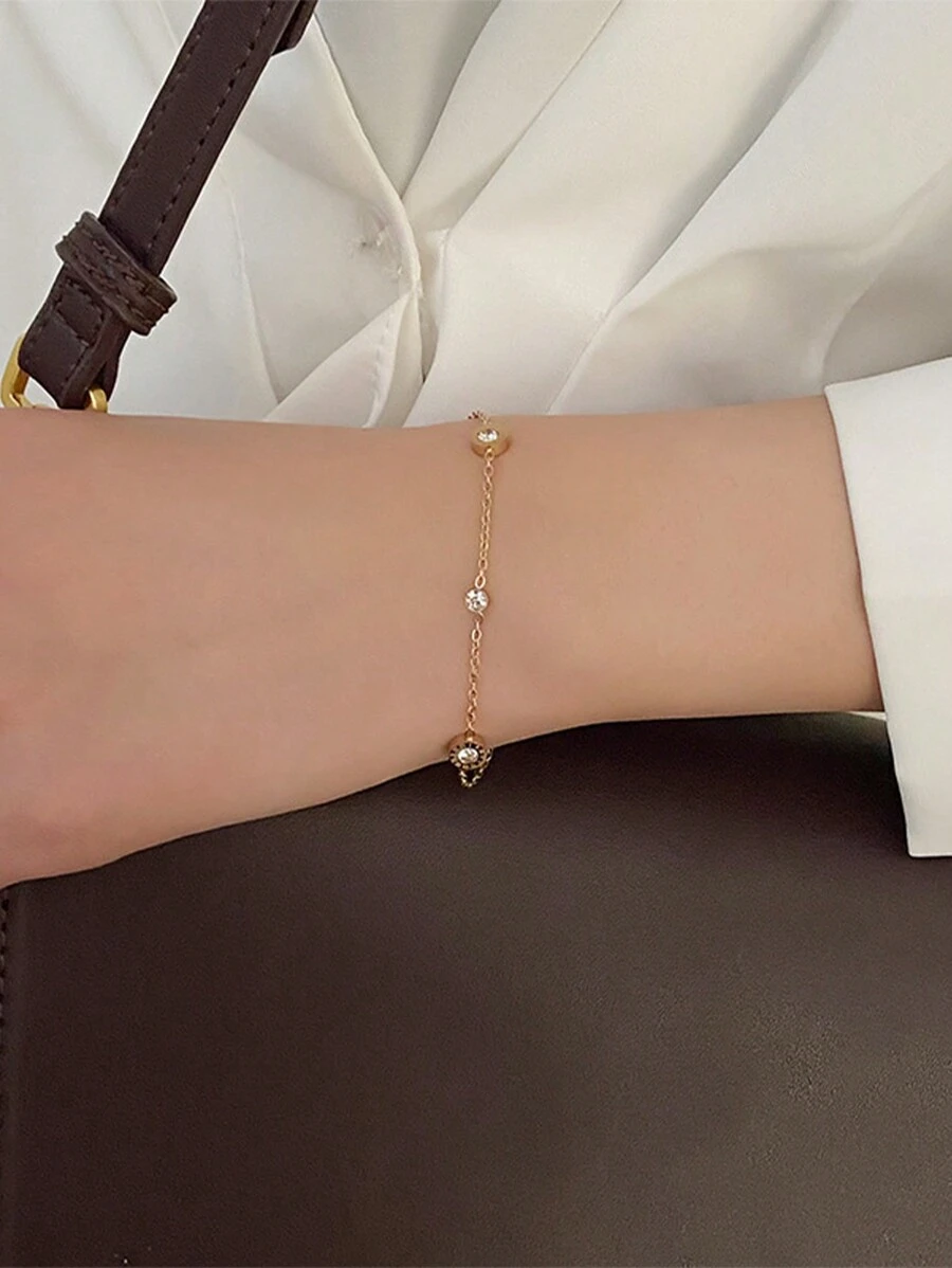 1pc Stylish Titanium Steel Bracelet With Rhinestone, Minimalist & Delicate Design For Women Besties - Rose Gold - View 1