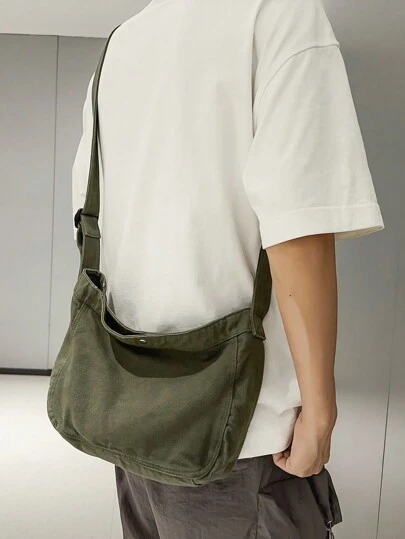 peach tree 1 件简约纯色可调节肩带男士帆布斜挎包，桃树