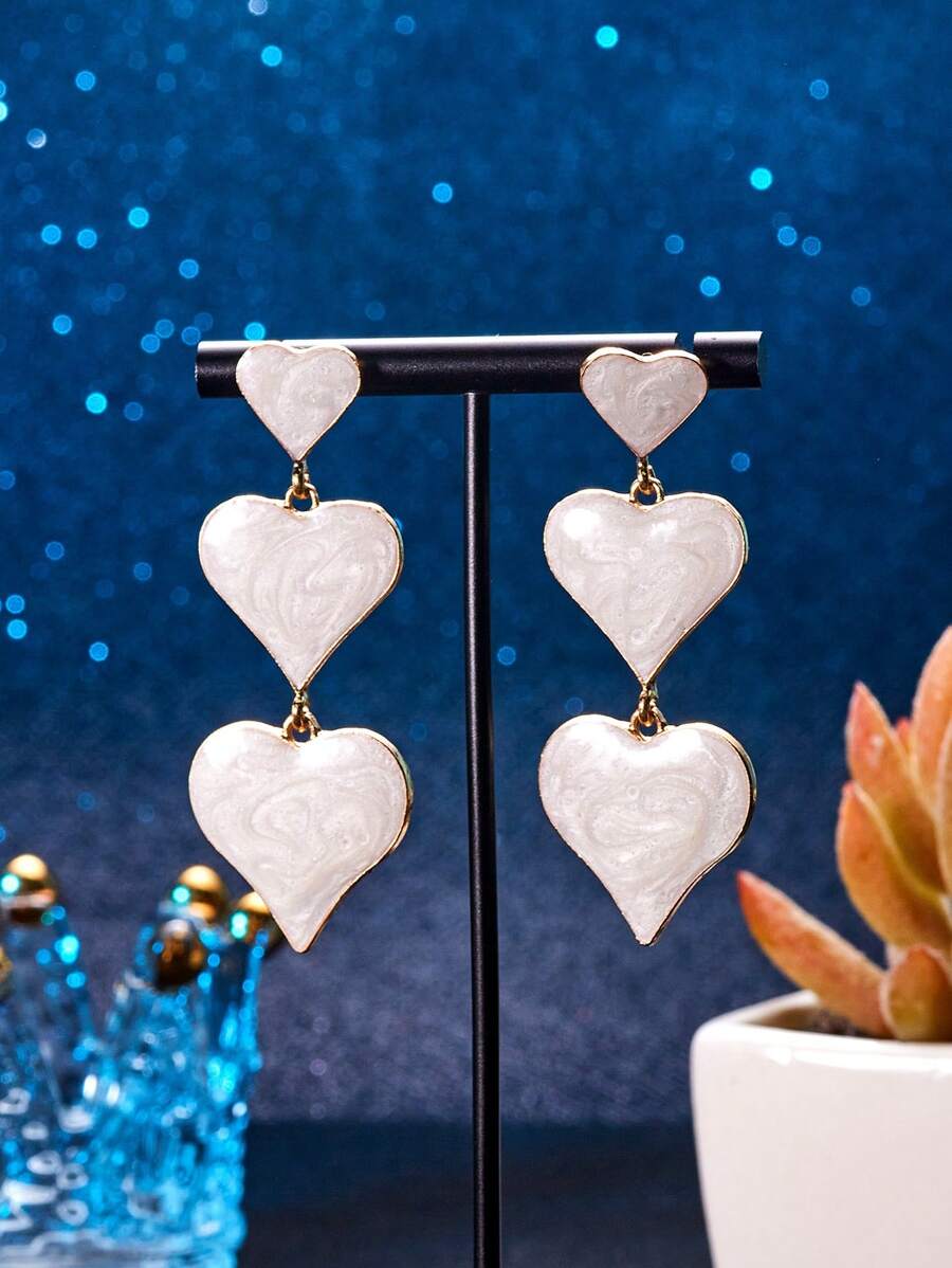 1對女性金色時尚誇張的假珍珠和白色心形耳環 - 白色 - 查看 1