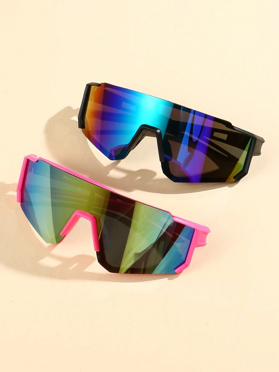 2副装女士塑料运动骑行包覆式粉色装饰眼镜，适合日常佩戴、拍照、街头风、骑行、滑雪等场合。沙滩太阳镜配件，学校沙滩配饰，女士眼镜太阳镜。