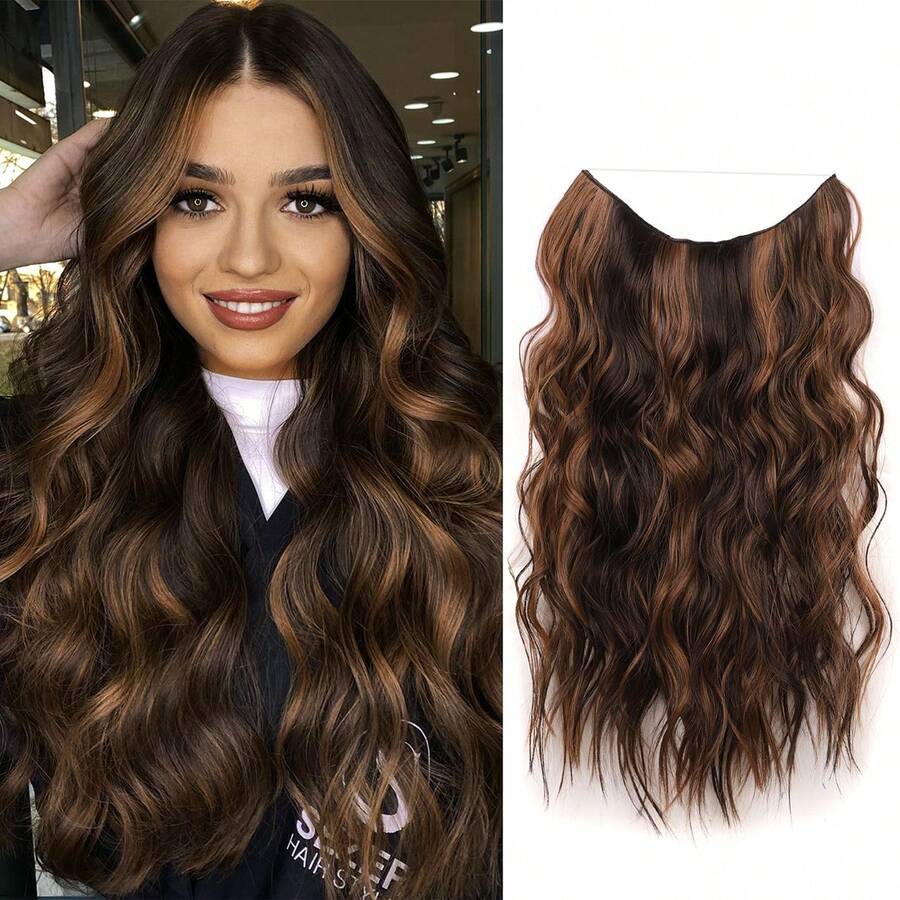 1pc 20inch, 135g, Fashionable Ombre Big Wavy Long Curly Hair Extension, One-piece Style, Adjustable Fish Line Hairpiece - Chocolate Brown - View 1