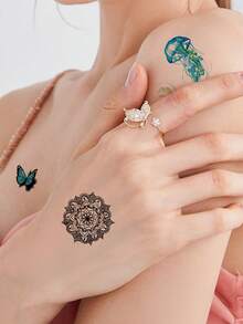 1 Pieza Pegatina De Tatuaje Temporal Con Pluma Colorida, Medusa, Águila, Mandala, Mariposa Y Brújula - Negro - Ver 3