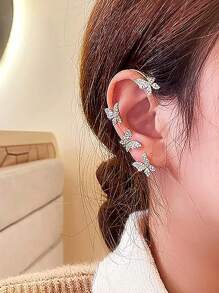 1 Pair/2pcs Gold-plated Butterfly Shaped Ear Cuff With Rhinestone Decor And Chain Tassel, For Non-pierced Ears, Women's Gift - Gold - View 4