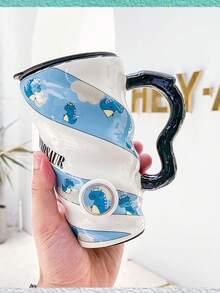Unicorn And Fruit Ceramic Mug With Lid For Coffee Or Tea Spiral Design Gift Home Decoration - 藏蓝色 - 查看 2
