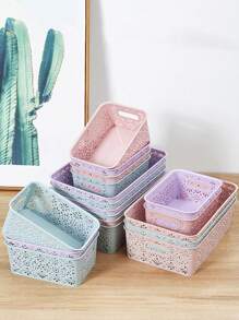 1pc Plastic Storage Basket, Purple Hollow Out Storage Cube For Table - Purple - View 3