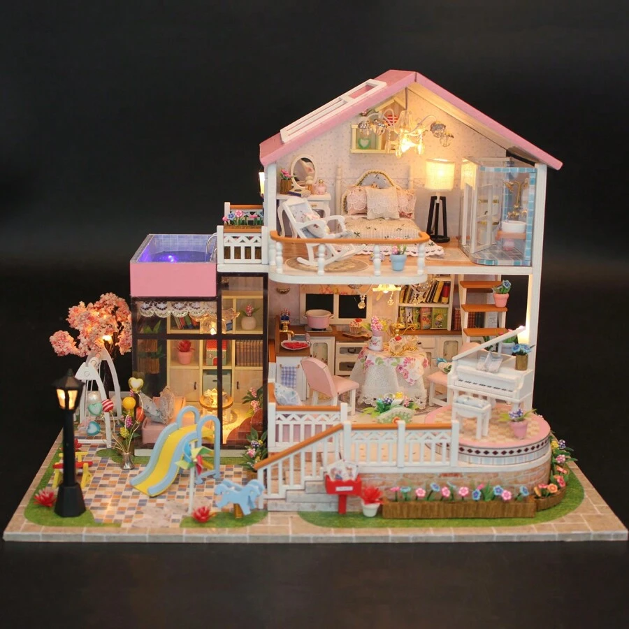 模型搭建套件 Diy 娃娃屋微型帶家具,手工製作 3d 拼圖玩具,木製工藝家居裝飾,送給女性/女孩的精美生日或情人節禮物 - 粉色 - 查看 1
