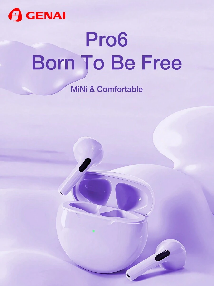 GENAI PRO6 TWS 真无线立体声 HiFi 耳机，无线耳塞式防噪耳机内置麦克风听筒 IPX5 防水，适合运动女性女孩礼物，紫色 - 淡紫色 - 查看 1