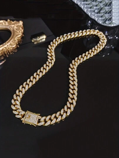 kuuioe 1pc European And American Style Full Rhinestone Studded Gold-colored Chain Necklace For Men/women, Also Available As Bracelet