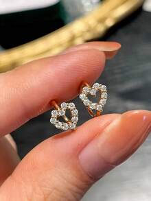 1pair Fashionable Simple But Luxurious S925 Silver With 18k Gold Plating Heart Shaped All-silver Earrings With Diamond Encrusted Clasp For Women, Daily Wear Jewelry And Gift Option - Gold - View 3