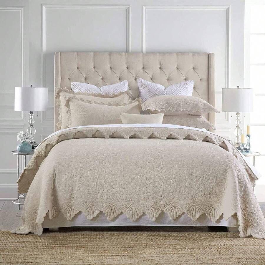 Brandream White Beige Quilts Set Twin Queen King Size Bedspreads