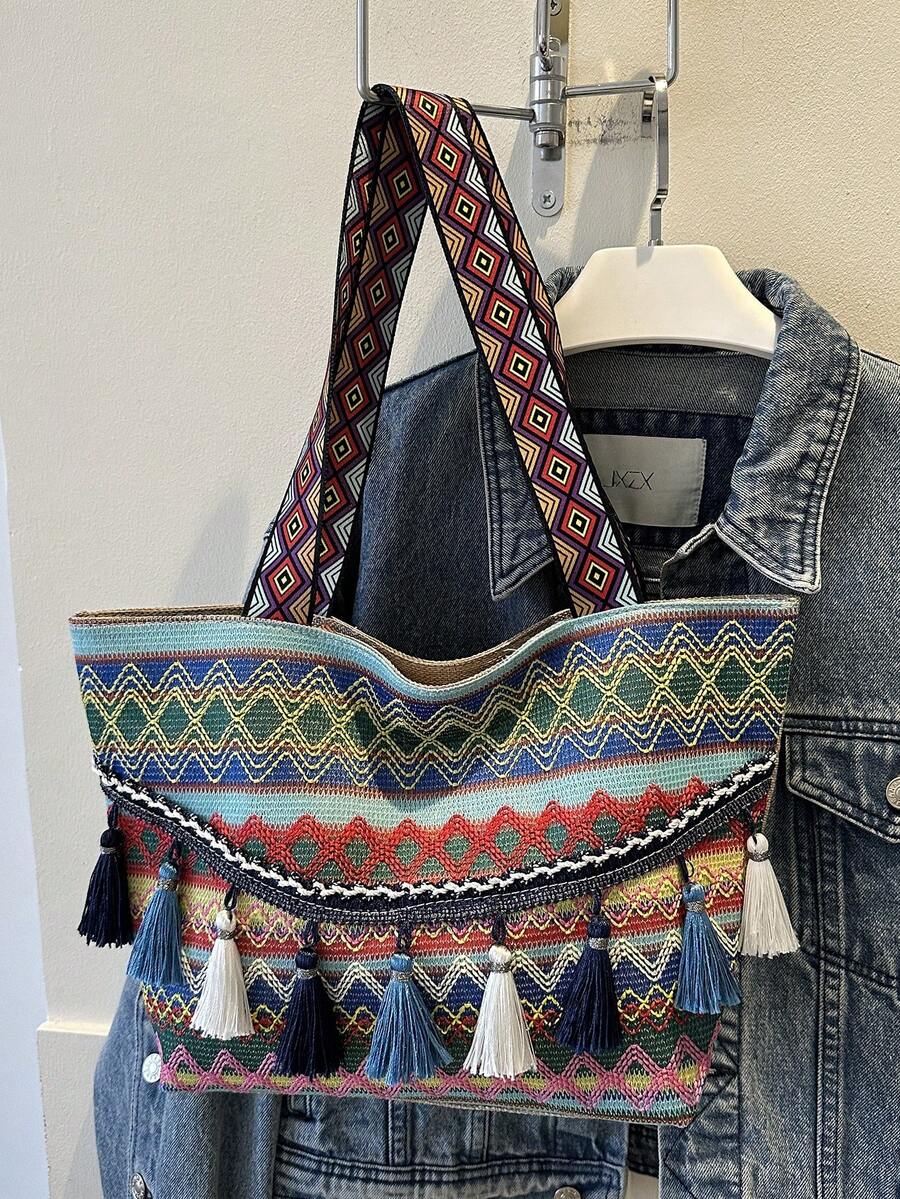 Bolso De Mano Minimalista Con Patrón Geométrico Y Color Sólido Para Mujer - Azul - Ver 1