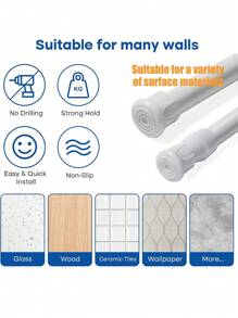 2pcs Adjustable Spring Tension Curtain Rod, Expandable Curtain Pole Suitable For Windows, Bathroom, Cabinets And Kitchen Gifts Birthday Graduation - White - View 5