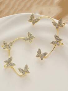 1 Pair/2pcs Gold-plated Butterfly Shaped Ear Cuff With Rhinestone Decor And Chain Tassel, For Non-pierced Ears, Women's Gift - Gold - View 6