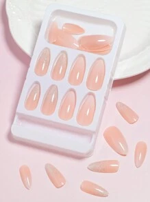 VV MEI JIA ER 使用24入組長形杏仁粉色漸層光澤假指甲，1片膠帶和1入組指甲檔，快速提升您的造型，美甲必備用品 - 彩色 - 查看 3