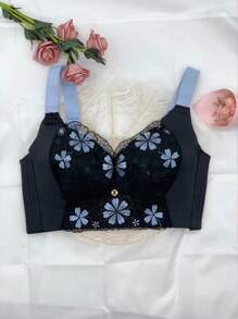 Plus Thin Summer Full Coverage Bra With Side Breast Correction, Lift Up And Anti-sagging Function - Black - View 1