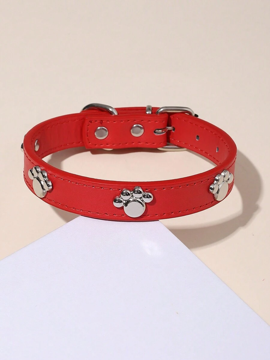 1只犬爪印配件pu寵物項圈,適用於小狗和貓 - 紅色 - 查看 1