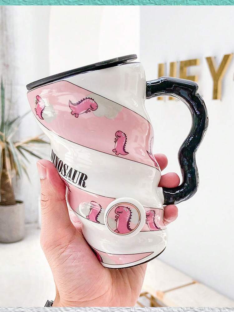 Unicorn And Fruit Ceramic Mug With Lid For Coffee Or Tea Spiral Design Gift Home Decoration - Màu hồng gỉ - Xem 1