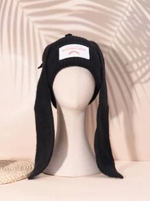 1pc Women's Black Acrylic Stylish Accessory European And American Style Knitted Hat With Long Bunny Ears For Parties And Daily Wear Cute - Black - View 1