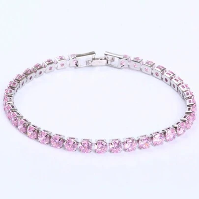 1pc Simple And Fashionable Pink Copper And Cubic Zirconia Round Tennis Bracelet, Suitable For Men And Women For Daily Wear