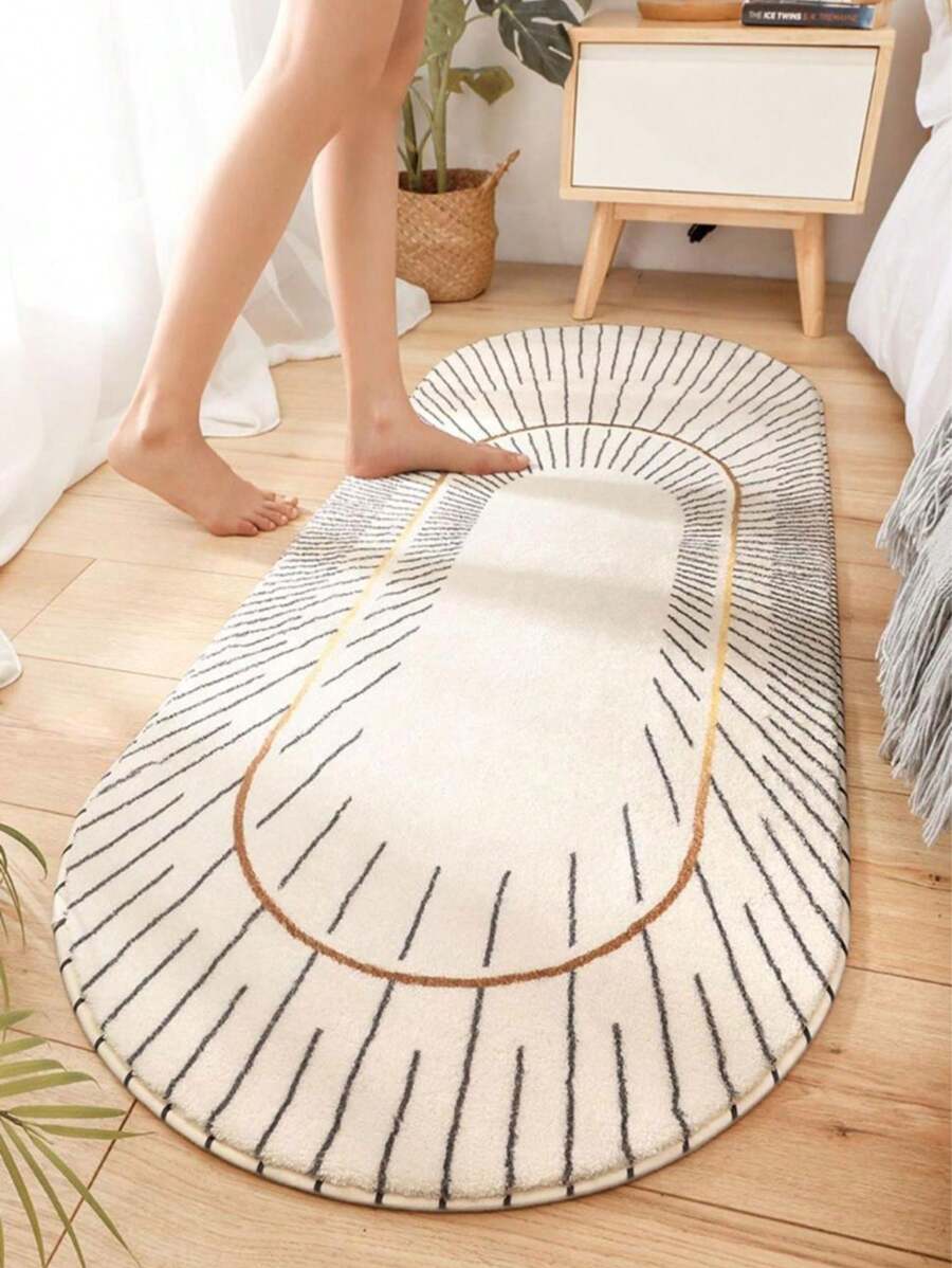 1pc Multicolor Oval-shaped Bedside Carpet, Simple Style, Living Room/bedroom/study Room Rug, Thick & Soft Foot Pad - Beige - View 1