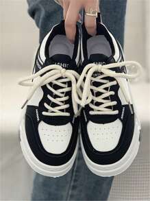 Zapatillas De Deporte De Moda Para Mujeres Con Suela Suave Y Tacón Alto, Estilo Universitario De Otoño Con Cordones Para Deportes Y Uso Casual - Negro - Ver 5