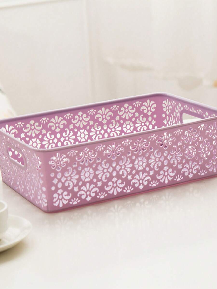 1pc Plastic Storage Basket, Purple Hollow Out Storage Cube For Table - Purple - View 1