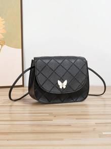 Fashionable Casual Rhombus Pattern Quilted Butterfly Detail Crossbody Mini Square Bag - Black - View 4