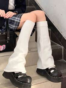 1對女士針織冬季腿套鬆身款,女式靴膝襪襪子保暖靴子腿底朔黑色時尚針織長襪 - 白色 - 查看 3