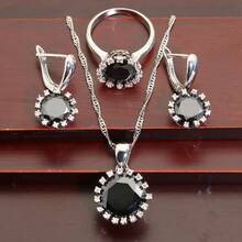 4入組奢華圓形鋯石鑲嵌戒指,垂飾項鍊珠寶套裝,適用於女性,是婚禮和生日禮物的完美選擇 - 黑色 - 查看 1