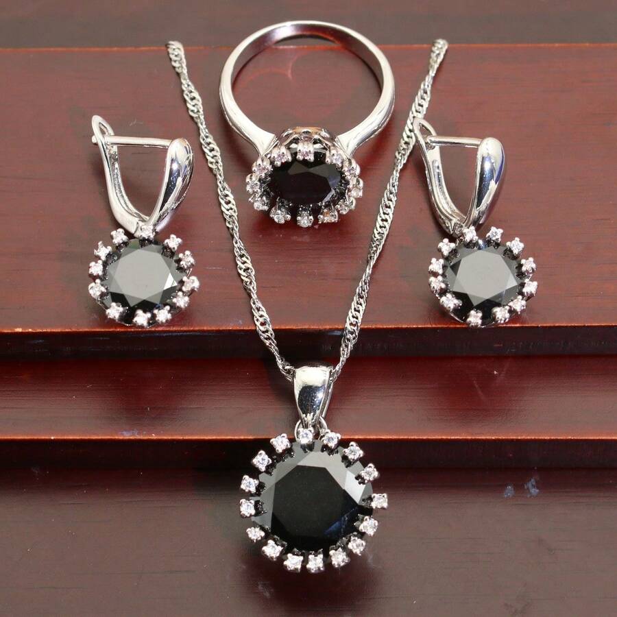4入組奢華圓形鋯石鑲嵌戒指,垂飾項鍊珠寶套裝,適用於女性,是婚禮和生日禮物的完美選擇 - 黑色 - 查看 1