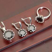 4入組奢華圓形鋯石鑲嵌戒指,垂飾項鍊珠寶套裝,適用於女性,是婚禮和生日禮物的完美選擇 - 黑色 - 查看 2