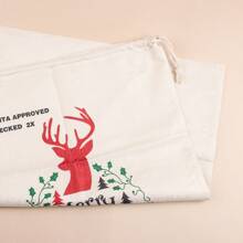 圣诞礼品袋带抽绳，驯鹿印花，仿黄麻，大尺寸，用于糖果、派对装饰 - 彩色 - 查看 7