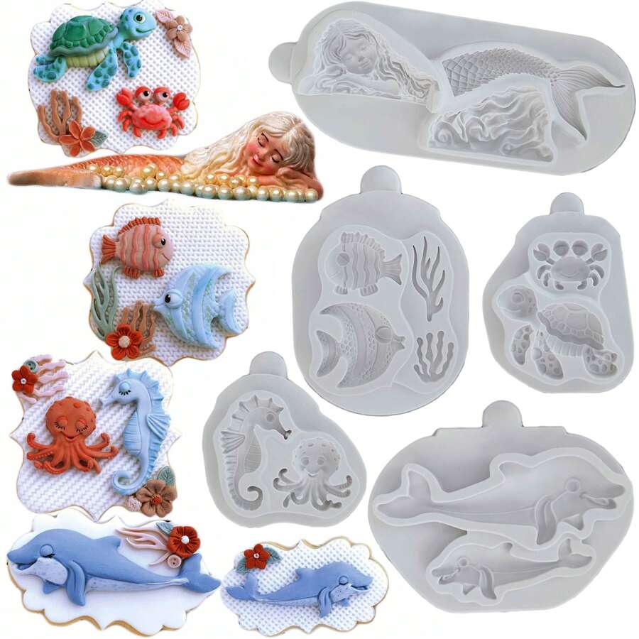 1pc Ocean Series Mermaid, Dolphin, Turtle, Sea Horse, Fish Silicone Mold For Cake Decorating, Candy, Chocolate, Kitchen Accessories, Baking Tool - light grey - View 1