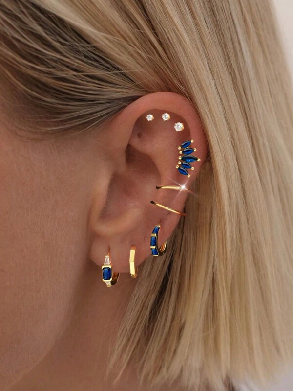 8pcs/set Blue Jewelry Set, Including 3 Embellished Stud Earrings, 2 Ear Clips, And 5 Earrings