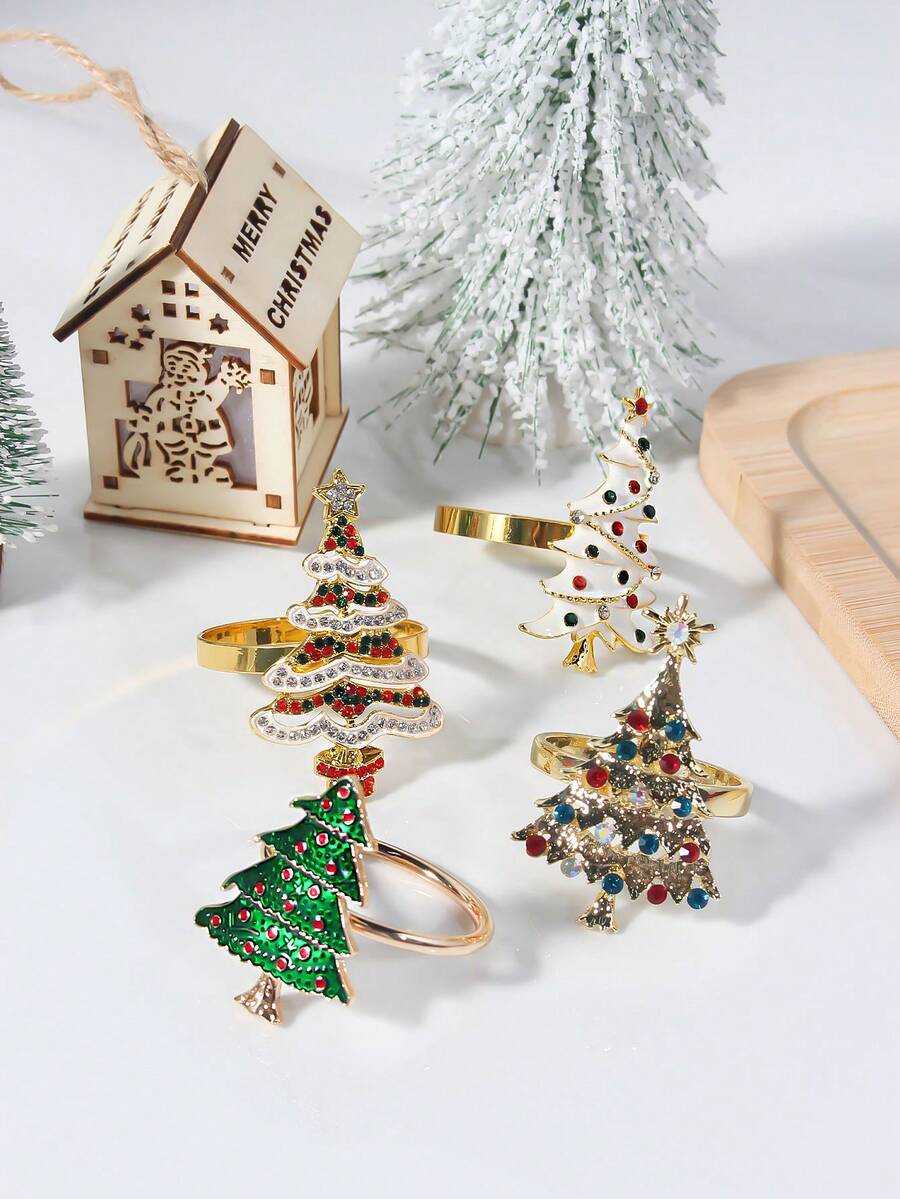 4pcs/set Mixed-design Christmas Tree Napkin Rings, Eye-catching Table Decoration For Dinner Party - Multicolor - View 1