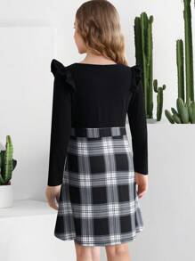 Tween-Mädchen Kleid im Karo-Patchwork-Design mit Rüschenkante und Taschen - Schwarz - Übersicht 2